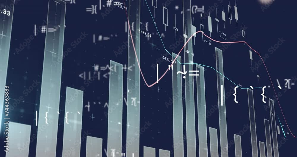 Poster animation of financial data processing over dark background