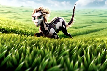 A happy cartoon cow running through a grassy field in a natural landscape