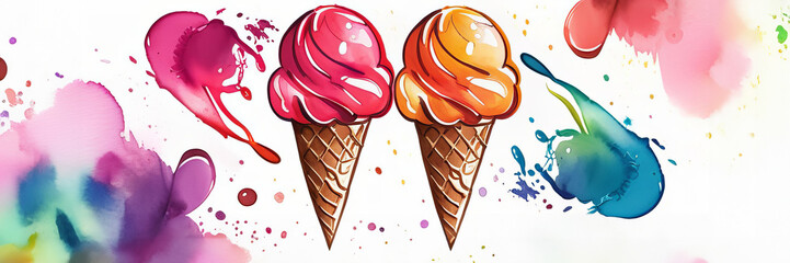 Two ice cream cones pattern isolated on watercolor background. Copy space banner with place for text. ice cream. Summer dessert and sweet. Soft serve element. Summer creative concept - obrazy, fototapety, plakaty