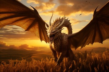 Dragon in field, wings spread at sunset, creating a majestic natural landscape