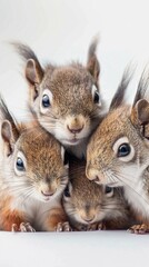 Sweet Squirrels, a trio of sweet squirrel kits cuddled up together on a white background, with fluffy tails and bright eyes, background image, generative AI