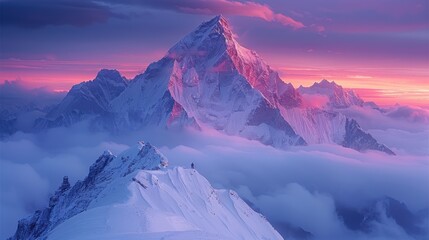 Evening view of Ama Dablam with tourist - way to mount Everest base camp. - obrazy, fototapety, plakaty