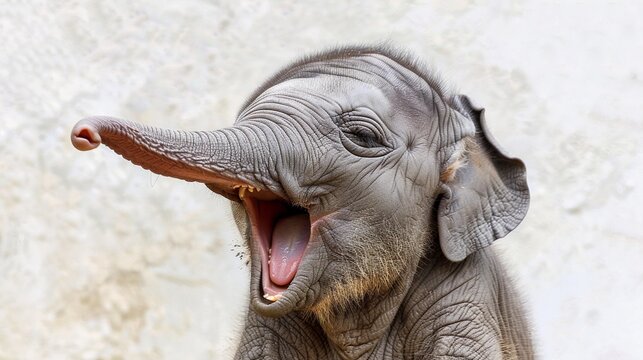 Yawning Elephant Calf, A baby elephant calf yawning widely, background image, generative AI