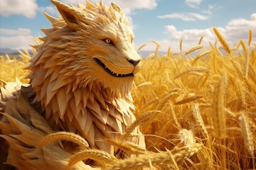 A wheat lion stands in a wheat field under the sky