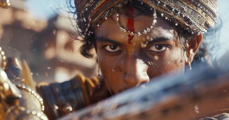 Fotobehang young Rajput prince holds his sword with determination eager to prove himself in battle and continue his familys legacy of bravery. © Justlight