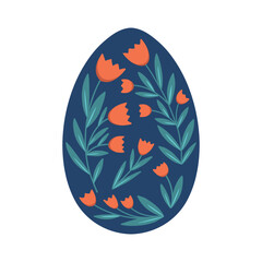 Happy Easter Egg with floral tulips pattern. Easter greeting card. Vector folk art Illustration.