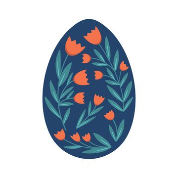 Happy Easter Egg with floral tulips pattern. Easter greeting card. Vector folk art Illustration.
