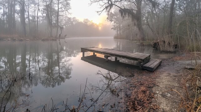 View of landscape bayou at sunrise in fog Morning mist on the swamp creates painterly atmosphere.