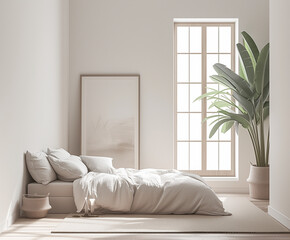 Serene Tropical Bedroom Oasis: A Pristine White Interior Graced with Lush Greenery and Minimalist Design Elements