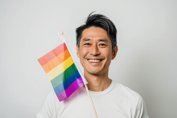 虹色のレインボーフラッグを持った笑顔のLGBTQ当事者イメージ（ゲイ・レズビアン・セクシャルマイノリティ） - obrazy, fototapety, plakaty