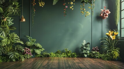Botanical prints on a forest green canvas backdrop elevate vibrancy against a natural, solid background.