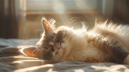 A fluffy Ragdoll cat lying in a sunbeam, its fur creating a mesmerizing play of shadows and light.
