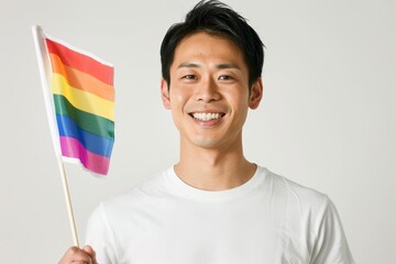 虹色のレインボーフラッグを持った笑顔のLGBTQ当事者イメージ（ゲイ・レズビアン・セクシャルマイノリティ）