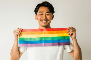 虹色のレインボーフラッグを持った笑顔のLGBTQ当事者イメージ（ゲイ・レズビアン・セクシャルマイノリティ） - obrazy, fototapety, plakaty