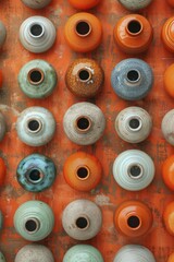Fototapeta premium Ceramic pottery collection on a rustic orange symmetrical seamless paper backdrop, accentuating texture with a warm, clear focus.
