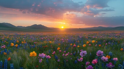 View of a countryside landscape at sunset in spring with flowers blooming in Aragatsotn Province.
