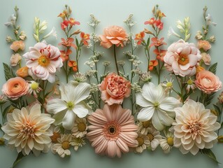 Floral arrangements on a pastel green seamless backdrop showcase serene natural beauty with a focused background.