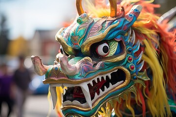 a close up of a colorful dragon costume on a street