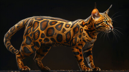 A majestic Bengal cat with intricate rosette patterns, appearing as if it stepped straight out of the jungle.