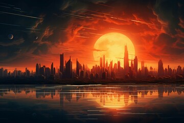 Obraz premium Skyline city sunset lake. Modern urban. Generate Ai