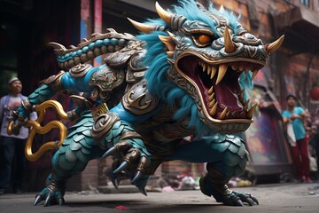 Art event featuring a fictional blue dragon statue with horns on street