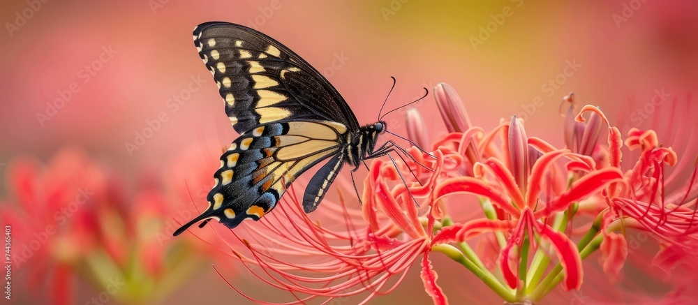 Wall mural Beautiful butterfly sitting on a vibrant flower in a blooming garden