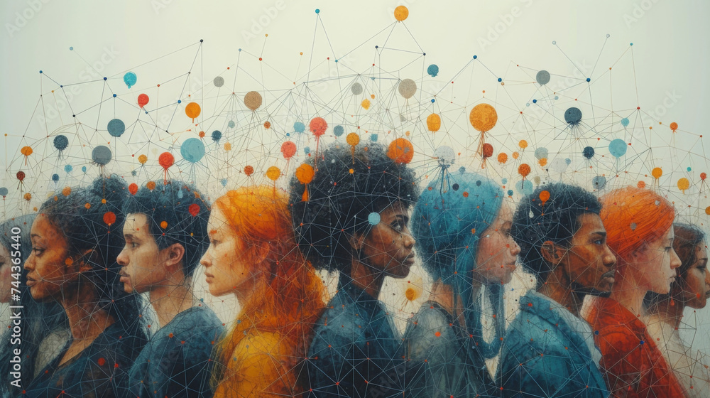 Poster a group of diverse individuals connected by intricate circuitry and lines represent the global commu