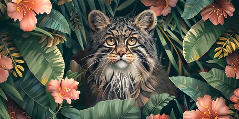 Portrait of of beautiful cat, Pallas's cat, in tropical flowers and leaves. Picturesque portrait...