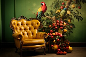 A parrot perches on a yellow chair by a fruit tree