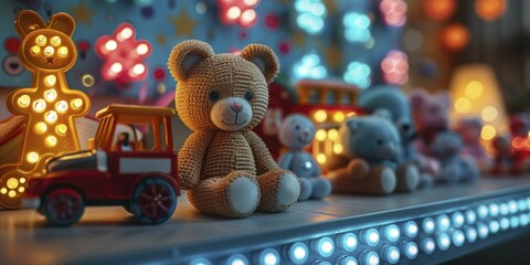 Retro toy collection showcased on a light blue LED light panel backdrop, evoking childhood memories with a cheerful, bright focus. - obrazy, fototapety, plakaty