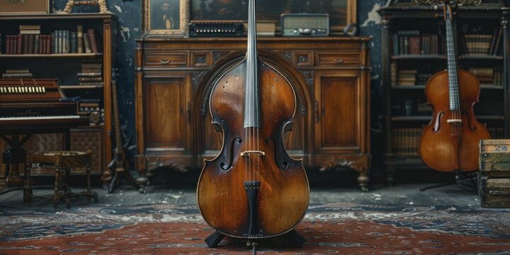 Musical instruments showcased against a deep indigo symmetrical seamless paper backdrop, adding drama with a luxurious and focused setting.