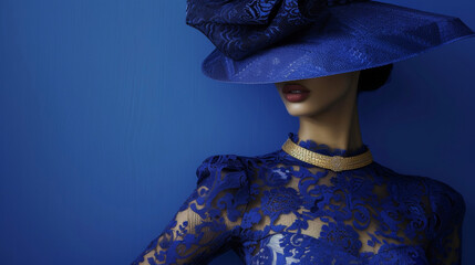 A kneelength pencil dress in a royal blue jacquard fabric accented with a golden belt and intricate lace sleeves. Complete the look with a widebrimmed hat and a pair of gloves