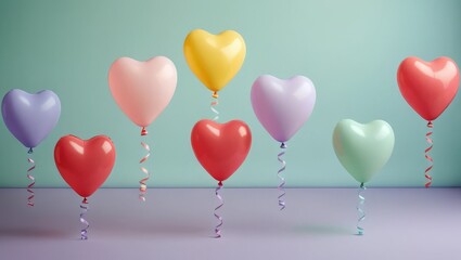 Multicolor heart shaped balloons with spiral ribbon floating against colored background