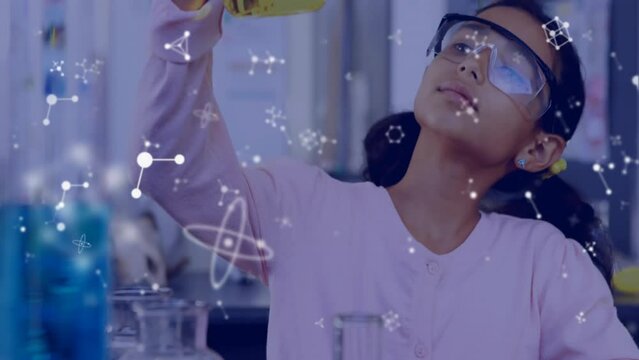 Animation of molecules over biracial schoolgirl working in laboratory
