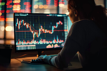 Serious professional examining complex stock charts on multiple monitors