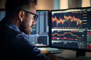 Serious professional examining complex stock charts on multiple monitors