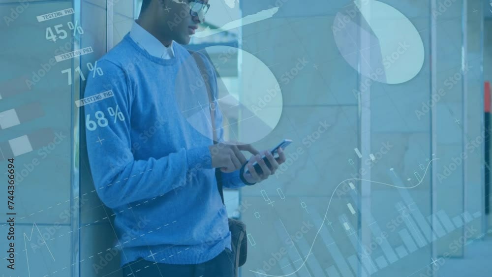 Poster animation of financial data processing over biracial businessman using smartphone