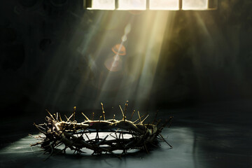 Dramatic Sunbeams Illuminating Crown of Thorns on Dark Background resurrection of Jesus Christ - obrazy, fototapety, plakaty