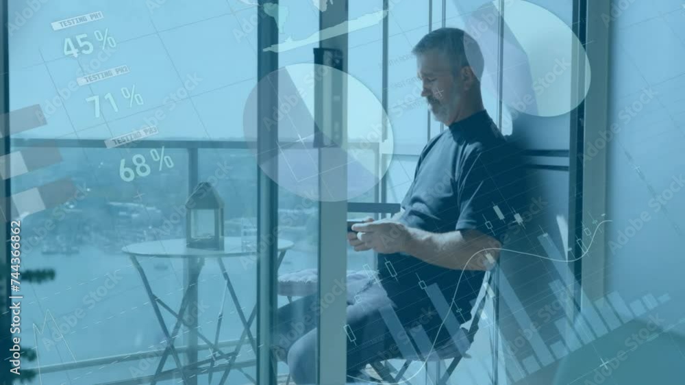 Aufkleber animation of financial data processing over biracial man using smartphone