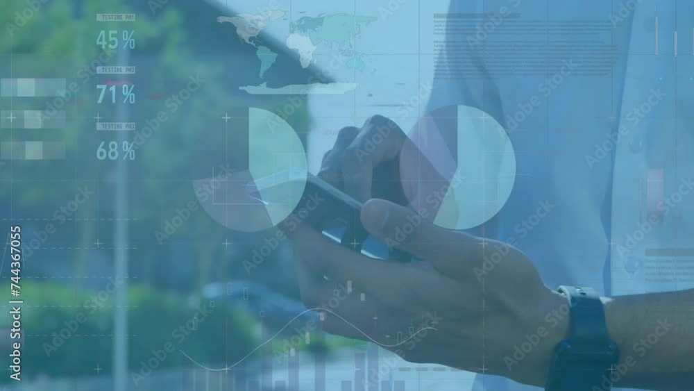 Poster animation of financial data processing over caucasian businessman using smartphone