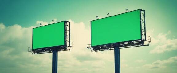 Two large billboards with bright green screens against a cloudy sky, - obrazy, fototapety, plakaty