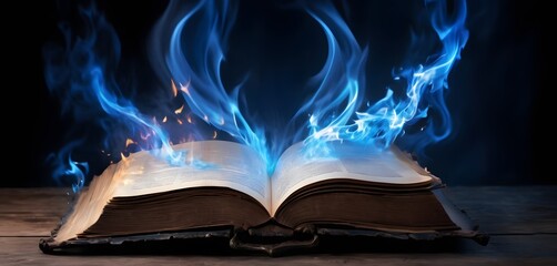 A mystic grimoire radiates with serene blue flames, suggesting a spell of cool yet potent magic. The open book is a gateway to a world of ice and arcane wisdom. - obrazy, fototapety, plakaty