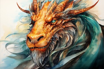 A painting of a dragonlike Bengal tiger with horns and a beard