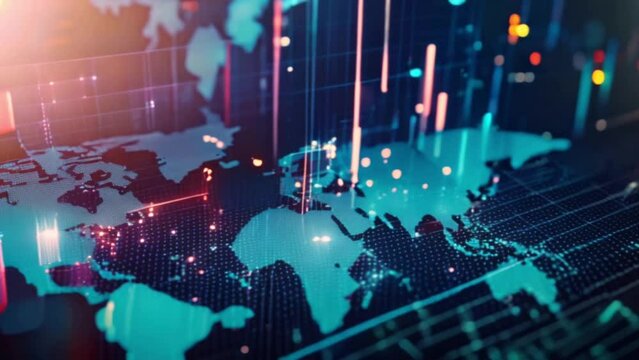 futuristic digital world map and stock market trading forex data on large screen display Generative AI