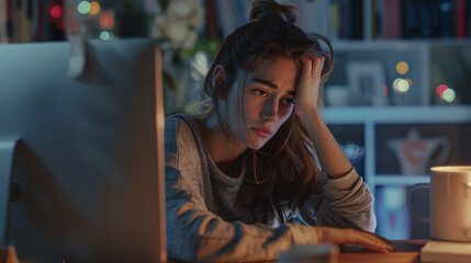 Stressed Young Woman Facing Deadline on Laptop at Night