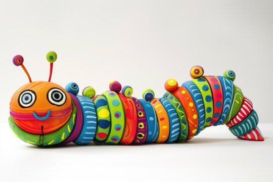 Plastic toy caterpillar isolated on white background.