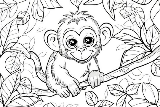 Black and white illustration for coloring animals, monkey.