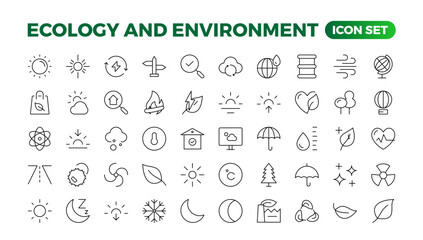 Ecology icon set. Ecofriendly icon, nature icons set.Linear ecology icons. Environmental sustainability simple symbol. Simple Set of  Line Icons.Global Warming, Forests, Organic Farming.