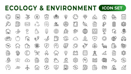 Ecology icon set. Ecofriendly icon, nature icons set.Linear ecology icons. Environmental sustainability simple symbol. Simple Set of  Line Icons.Global Warming, Forests, Organic Farming.
