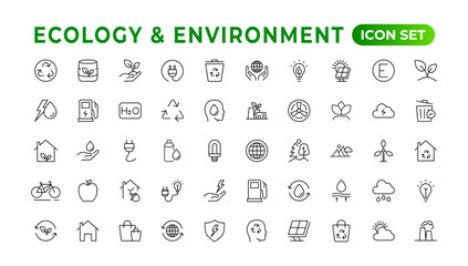 Ecology icon set. Ecofriendly icon, nature icons set.Linear ecology icons. Environmental sustainability simple symbol. Simple Set of  Line Icons.Global Warming, Forests, Organic Farming.